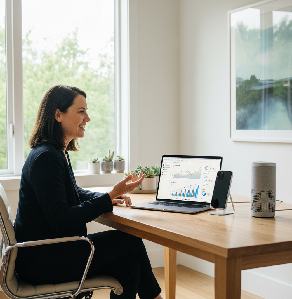 A professional, modern home office setting during the day. A person is sitting at a clean wooden desk, speaking naturally toward a smartphone and a smart speaker (like an Echo or HomePod) that are pla